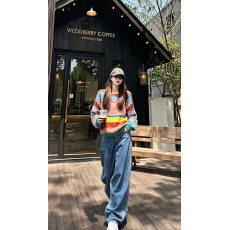批发秋冬独特别致撞色条纹慵懒风毛衣针织<b class='q'>打底衫</b>女设计感<b class='q'>宽松</b>长袖上衣