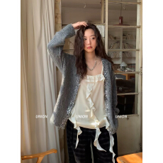 批发羊驼毛<b class='q'>长袖</b>开衫外套女秋冬季新款宽松慵懒风针织毛衣