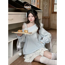 批发啦啦酱 雪愿 原创设计甜美慵懒秋冬宽松<b class='q'>露肩</b>针织<b class='q'>上衣</b>蛋糕裙套装秋