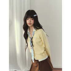 批发乌蘑初秋韩系少女条纹领带撞色假两件V领开衫显瘦毛针织衫