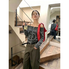 批发美式字母印花双拉链<b class='q'>短款</b>毛衣秋冬复古百搭显瘦一字领针织<b class='q'>开衫</b>外套