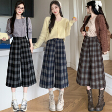 批发实拍格子毛呢休闲裤女中高腰呢子八分裤显高阔腿裤外穿<b class='q'>打底裤</b>靴裤