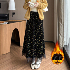 批发实拍加绒碎花半身<b class='q'>裙</b>女2025冬季新款银狐绒中长<b class='q'>裙</b><b class='q'>碎花</b>蕾丝花边长<b class='q'>裙</b>
