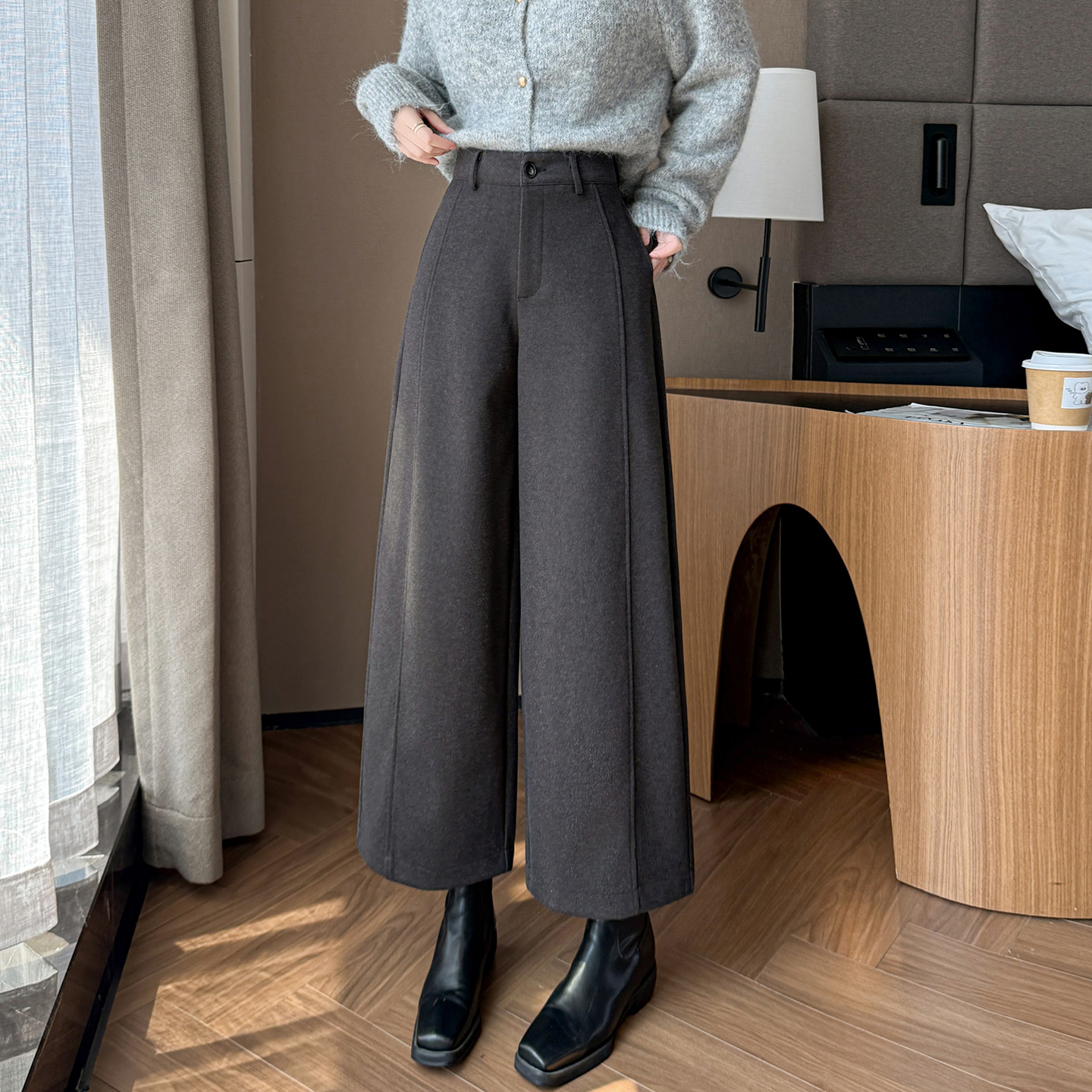실사 작은 키 모직 긴 바지 여성 가을 겨울철 캐주얼 바지 모통이 칼 바지 세련된 풍선 바지 품격 레깅스