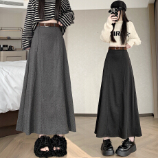 批发实拍复古毛呢<b class='q'>半身裙</b>女高腰中长款大摆裙拼接长裙法国风大摆伞裙