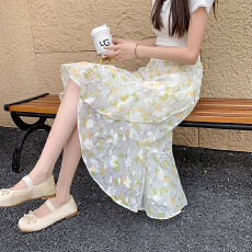 批发实拍不规则碎花半身裙女高腰中长款雪纺裙橡筋腰鱼尾裙荷叶边<b class='q'>裙子</b>