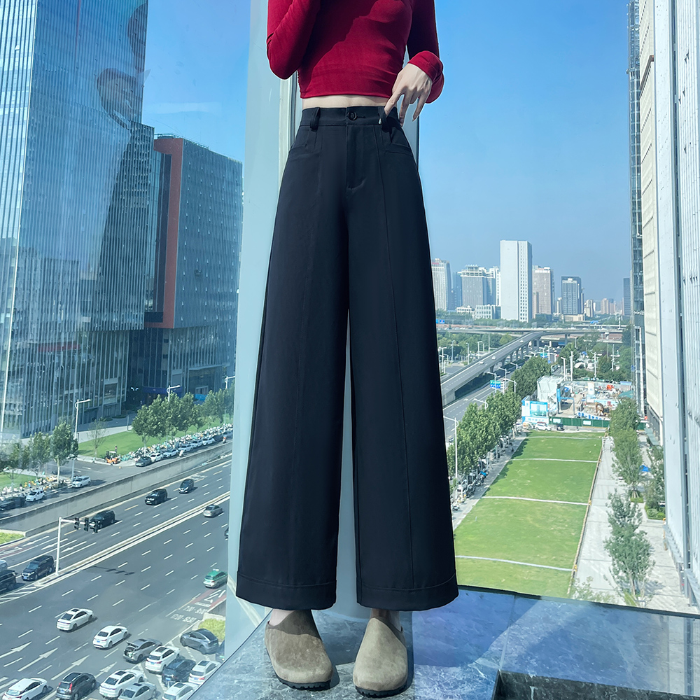 실사 새로운 스트레이트 캐주얼 바지 여성 하이웨이스트 슬림해 보이는 대나무 마디 면 와이드 레그 팬츠 디자인 센스 롱 바지 스트레이트 팬츠