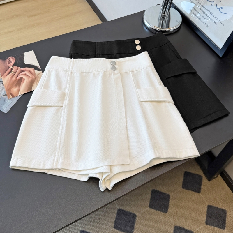 실사 워시 물 면 레트로 치마바지 여성 하이웨이스트 슬림해 보이는 와이드 레그 팬츠 비대칭 한 마디 반바지 데님 캐주얼 반바지
