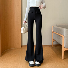 批发实拍黑色<b class='q'>西装</b>弹力微喇裤女休闲裤高腰修身收腹马蹄喇叭裤子瑜伽裤