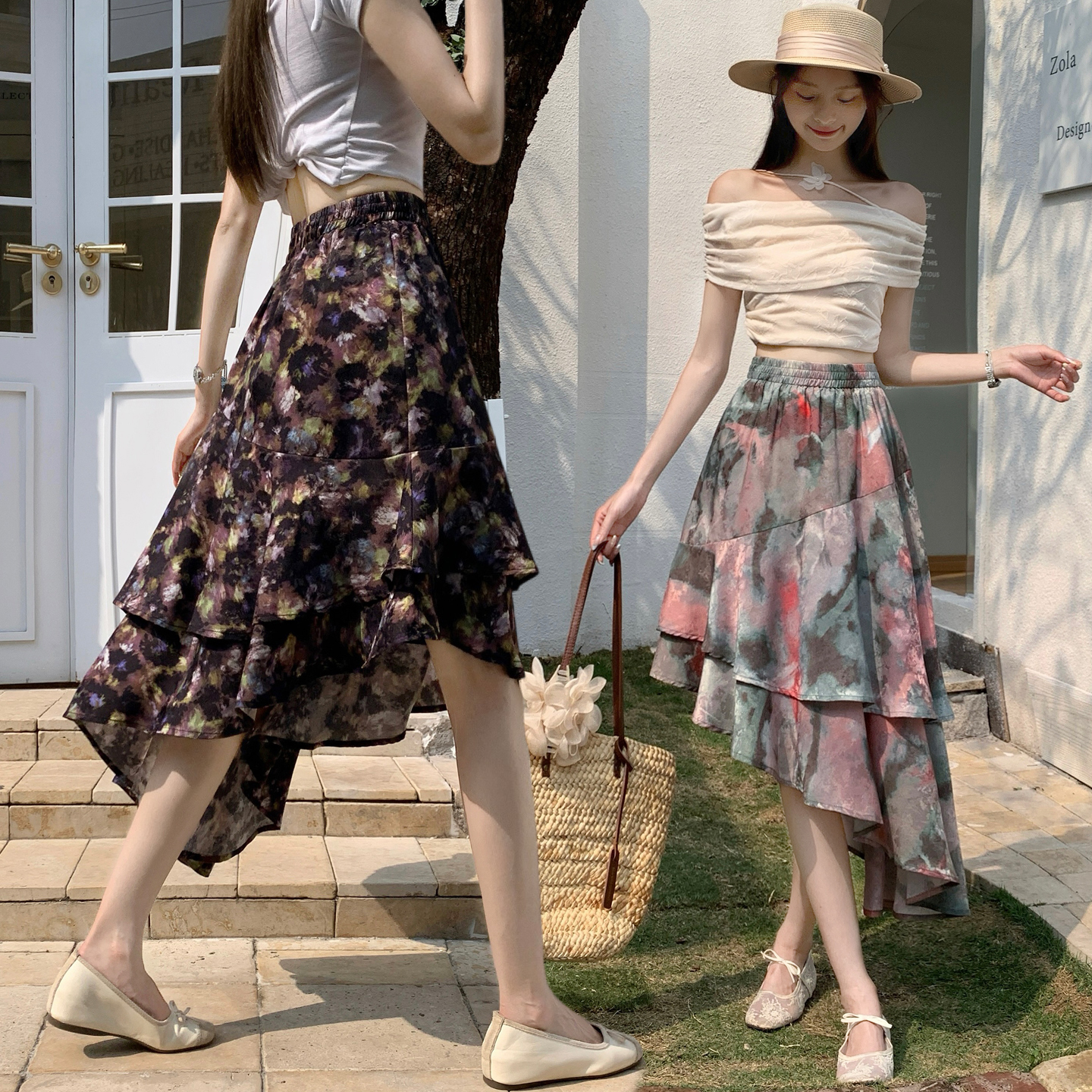 실사 레트로 쉬폰 반신 스커트 여성 하이웨이스트 슬림해 보이는 불규칙 중간 길이 프릴 치마 우아한 인어 꼬리 요정 치마