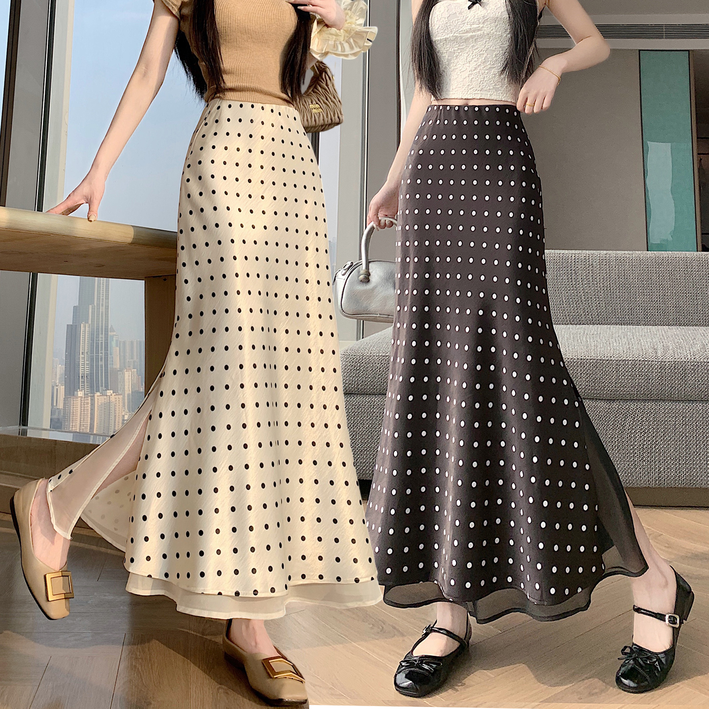 실사 작은 키 길이 쇼트 스타일 아세트산 새틴 깃발 도트 무늬 반신 스커트 허리밴드 트임 원사 롱 스커트