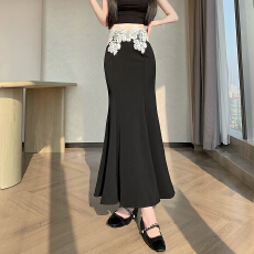 批发实拍中长款荷叶半身裙女高腰设计感蕾丝花边半身裙显瘦包臀鱼尾裙