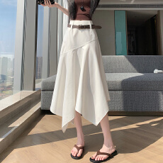 批发实拍美式复古<b class='q'>不规则</b><b class='q'>半身裙</b>女a字牛仔蓝中长裙设计感梨形大摆长裙