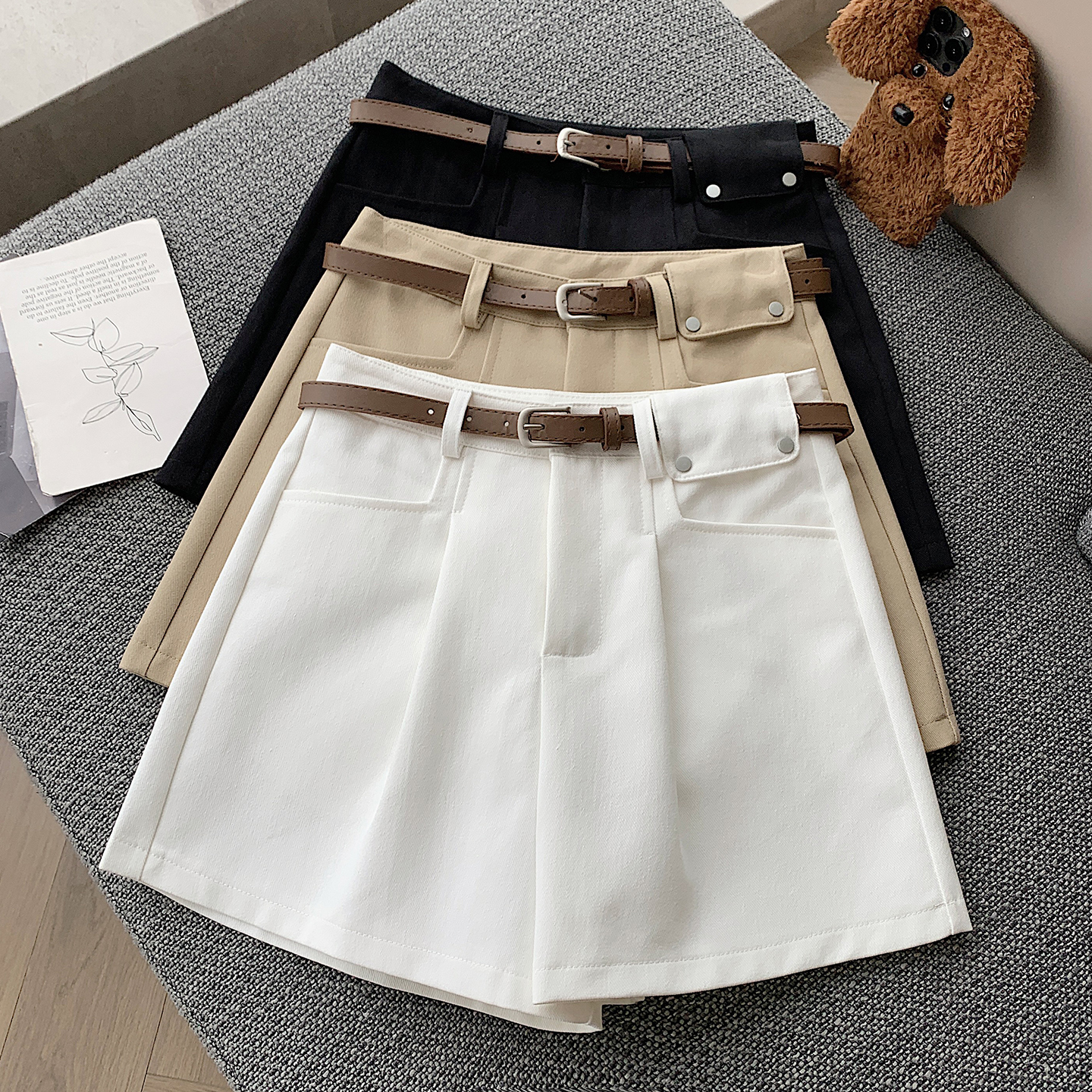 실사 하이웨이스트 캐주얼 워시 물 면 반바지 슬림해 보이는 와이드 레그 팬츠 미니멀리즘 한 마디 반바지 학원 스타일 출퇴근 짧은 바지