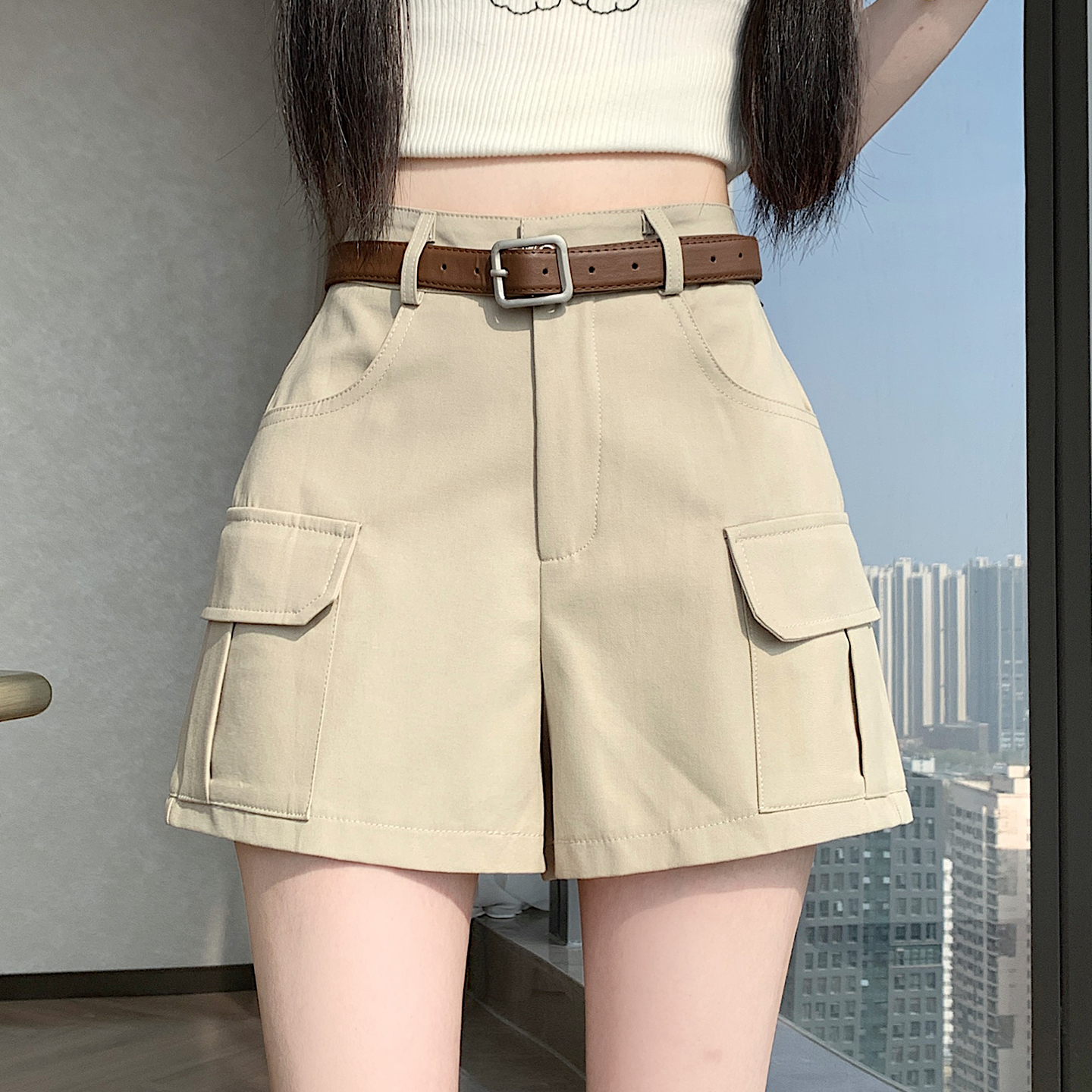 실사 군대 바람 워크웨어 반바지 여성 하이웨이스트 슬림해 보이는 와이드 레그 팬츠 출퇴근 워시 물 면 한 마디 반바지 지갑 디자인