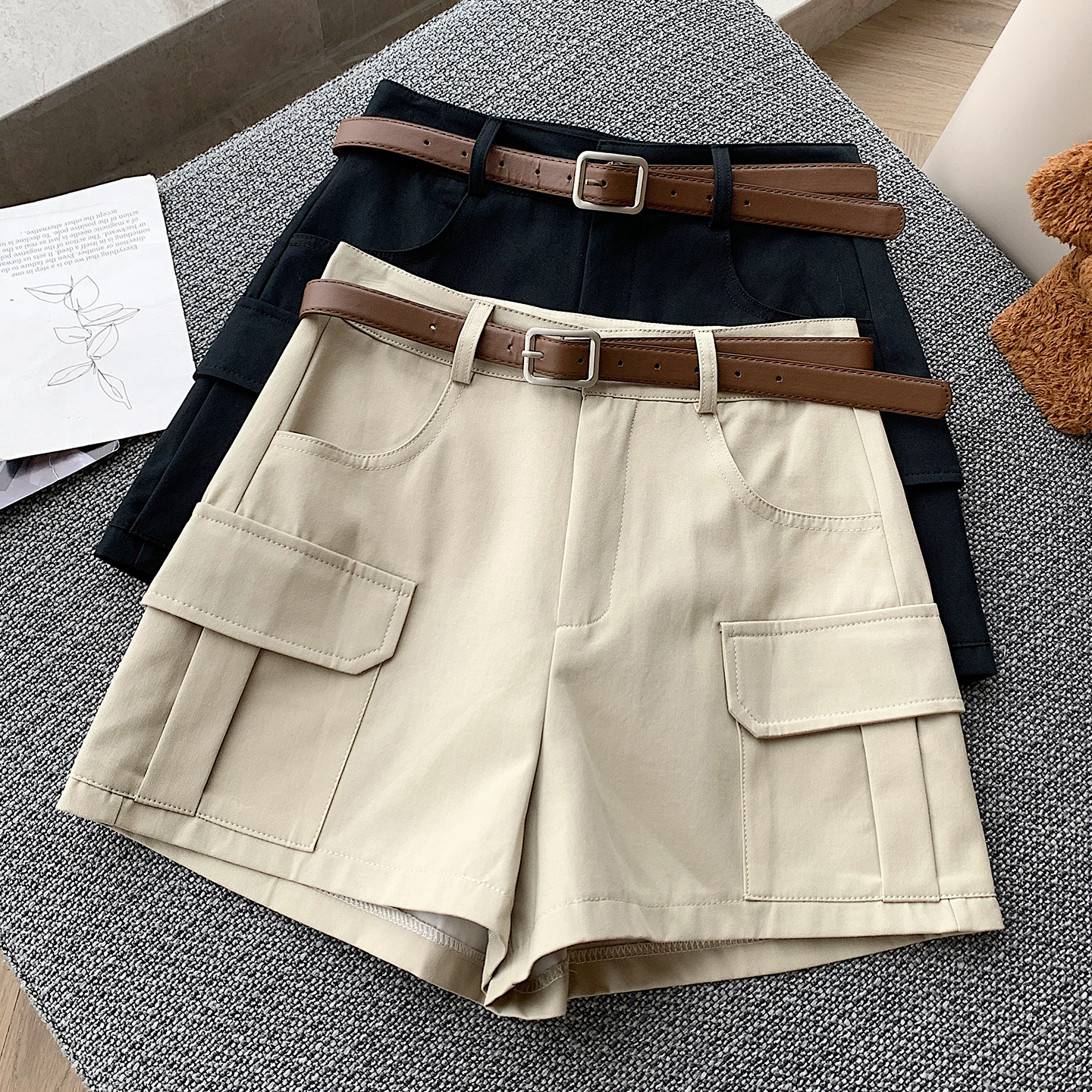 실사 군대 바람 워크웨어 반바지 여성 하이웨이스트 슬림해 보이는 와이드 레그 팬츠 출퇴근 워시 물 면 한 마디 반바지 지갑 바지