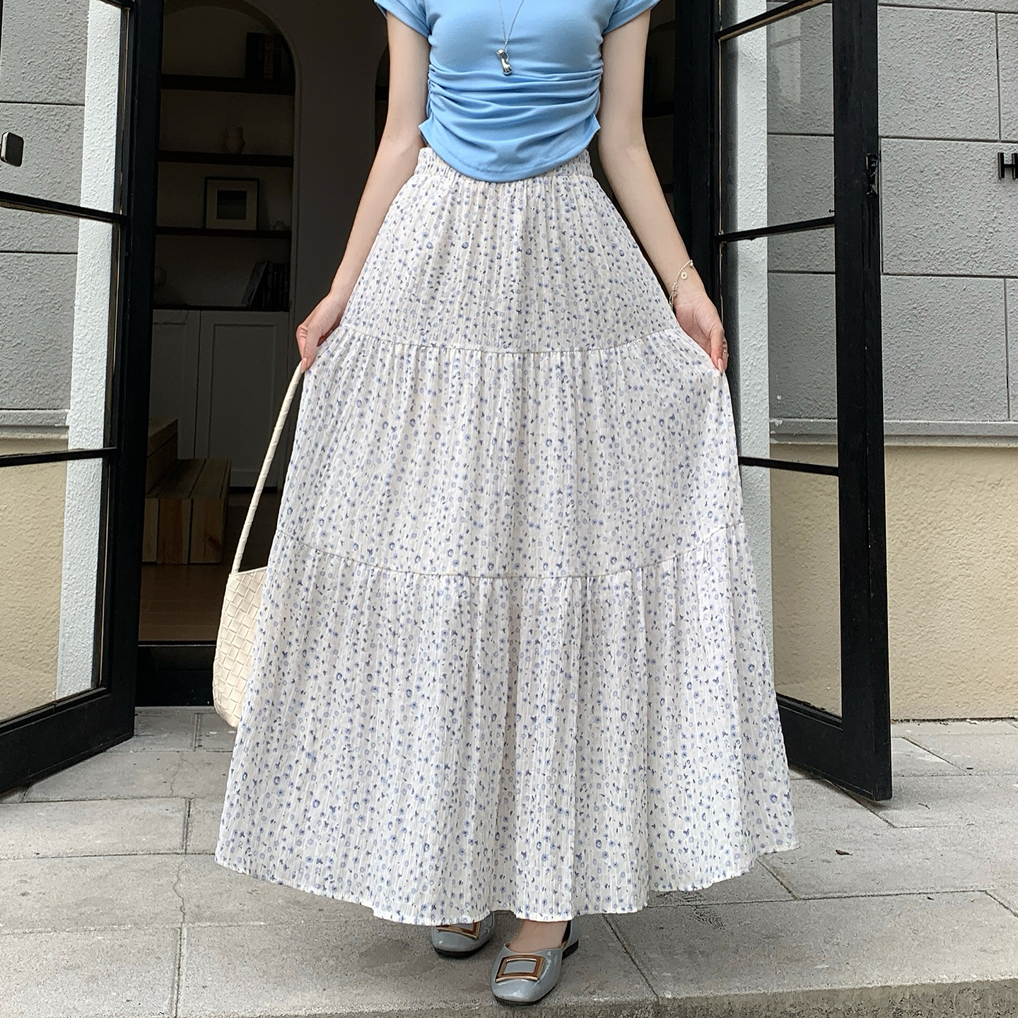 실사 중간 길이 꽃무늬 쉬폰 반신 스커트 하이웨이스트 요정 치마 꽃무늬 빅 플레어 스커트 우아한 롱 스커트 패치워크 우산 치마