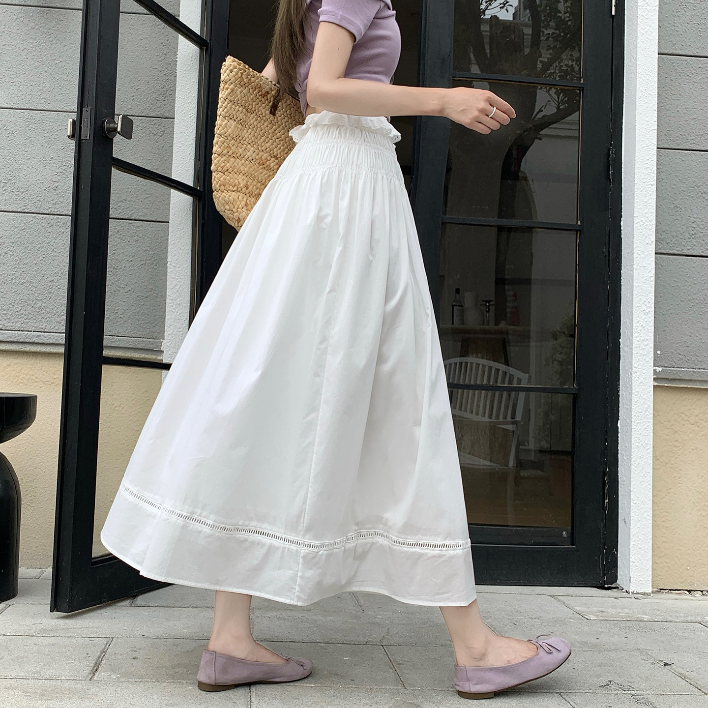 실사 레이스 조각 샤오 바이 치마 반신 스커트 여자 중간 롱 스커트 순면 다용도 자수 홀로우 아웃 A라인 스커트 요정 치마