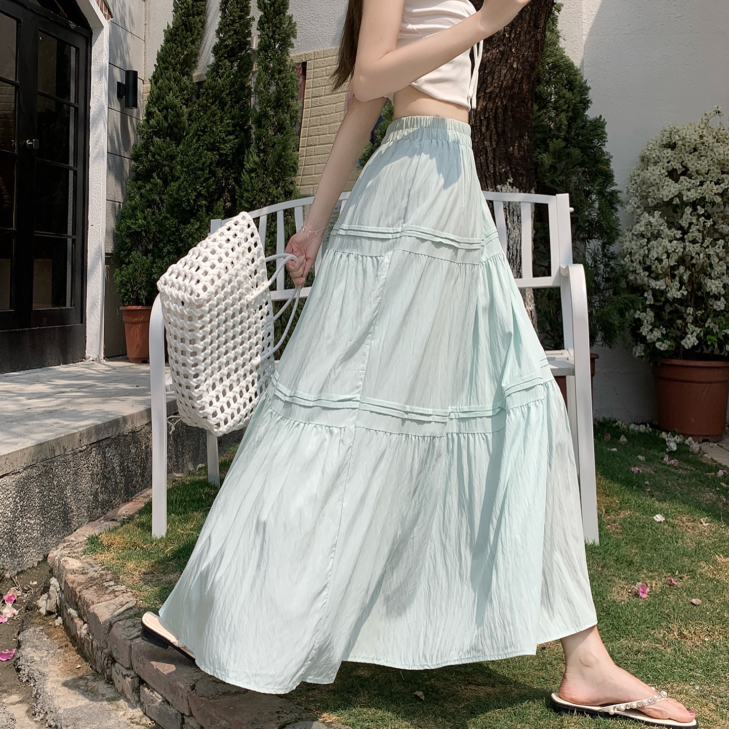 실사 중간 길이 요정 치마 여성 하이웨이스트 슬림해 보이는 단색 롱 스커트 여행 바람 빅 플레어 스커트 편안함 우산 치마 A라인 스커트