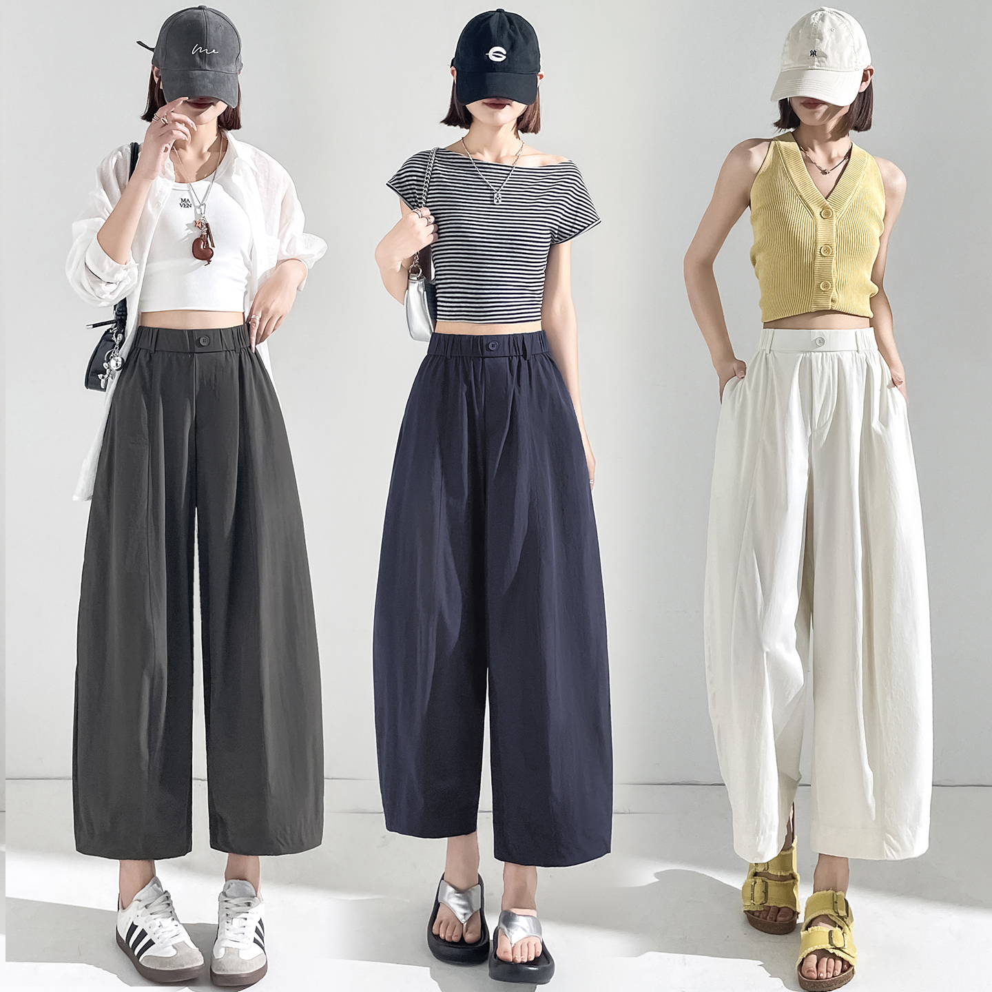 실사 여름 얇은 스타일 얼음 실크 풍선 바지 2026 새로운 9 포인트 넓은 다리 캐주얼 속도 건조한 운동 모통이 칼 스트레이트 팬츠