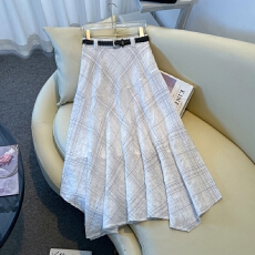 批发实拍美式复古不规则半身裙女<b class='q'>亚麻</b>中<b class='q'>长裙</b>格子A字裙不规则鱼尾摆裙