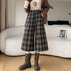 批发实拍秋<b class='q'>冬</b>格子毛呢休闲裤女中高腰八分裤显高阔腿裤外穿打底裤靴裤