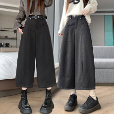 批发实拍老钱风韩版休闲毛呢裤子八分裤女高腰阔腿裤设计感<b class='q'>打底裤</b>靴裤
