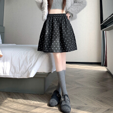 批发实拍学院甜美风<b class='q'>打底</b>裙波点毛呢半身裙女松紧高腰裙花苞蓬蓬中裙