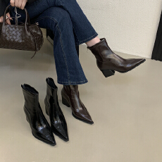 批发高跟短靴女2025新款粗跟尖头瘦瘦靴棕色加绒<b class='q'>冬</b>季中筒靴