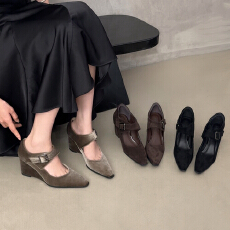 批发4cm/7cm绒面包头坡跟单鞋魔术贴瘦瘦靴显瘦春秋女单鞋
