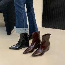 4cm/7cm尖头坡跟短筒靴女秋冬新款气质坡跟短靴靴百搭高跟瘦瘦靴