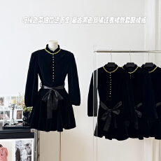 批发吃绿色菜伯拉德千金 新品88折赫本风黑色丝绒长袖连衣裙秋季