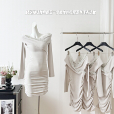 批发JustQin【娇欲曲线】2025秋冬新款一字肩性感收腰蕾丝连衣裙女