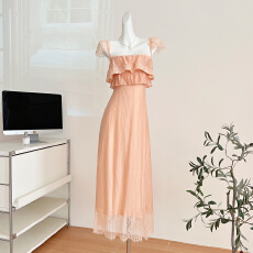 批发板栗可可 an落日长裙蕾丝荷叶边A字收腰显瘦连衣裙女