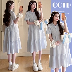 批发实拍     -孕妇装夏季连衣裙2026新款气质收腰短袖蓬蓬蕾丝衬衫裙