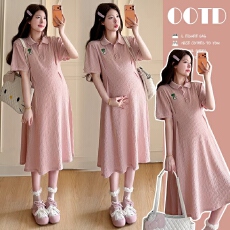 批发实拍—2026孕妇夏连衣裙新款蕾丝刺绣显瘦孕妇翻领连衣裙