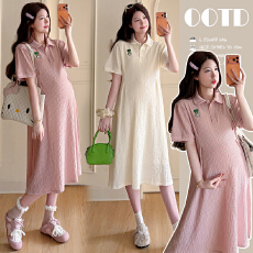 批发实拍—2026孕妇夏连衣裙新款蕾丝刺绣显瘦孕妇翻领连衣裙