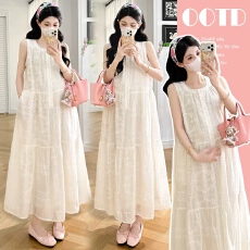 批发实拍—夏2026蕾丝孕妇刺绣宽松无袖圆领挂脖背心<b class='q'>连衣</b>裙