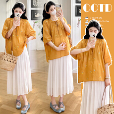 批发实拍—2026新款<b class='q'>孕妇</b><b class='q'>刺绣</b>碎花绑带圆领衬衣防晒<b class='q'>上衣</b>+半身裙两件套