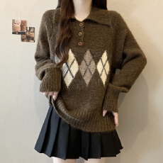 批发<b class='q'>实拍</b><b class='q'>大码</b>美拉德咖色菱格polo领毛衣女慵懒外穿秋冬宽松针织衫上衣