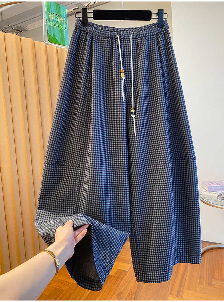봄 여름 새로운 고급 센스 체크무늬 바지 루즈핏 슬림해 보이는 캐주얼 연령 감소 다용도 와이드 레그 팬츠 9 포인트 바지