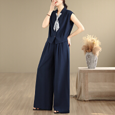 批发实拍时尚<b class='q'>套装</b>女夏季新款V领衬衫上衣休闲垂感阔腿裤两件套