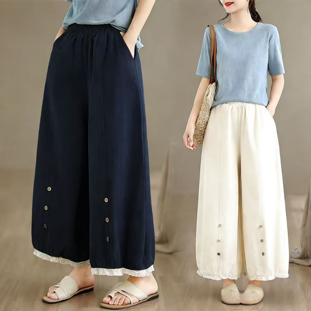 실사 봄 여름 착용 가져 가라. 작은 키 허리밴드 와이드 레그 팬츠 배기 바지 꽃밭 바지 무 9부 바지