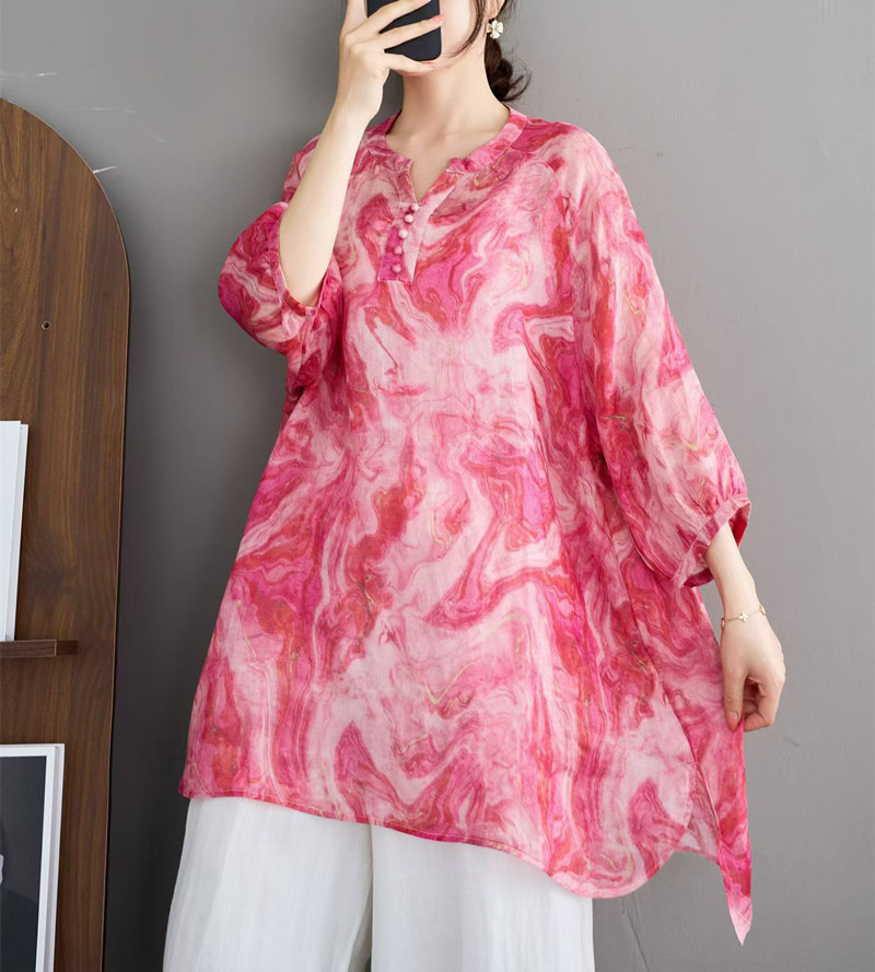 프린트 중간 길이 맨위 여름 새로운 루즈핏 에디션 빅 사이즈 여성 의류