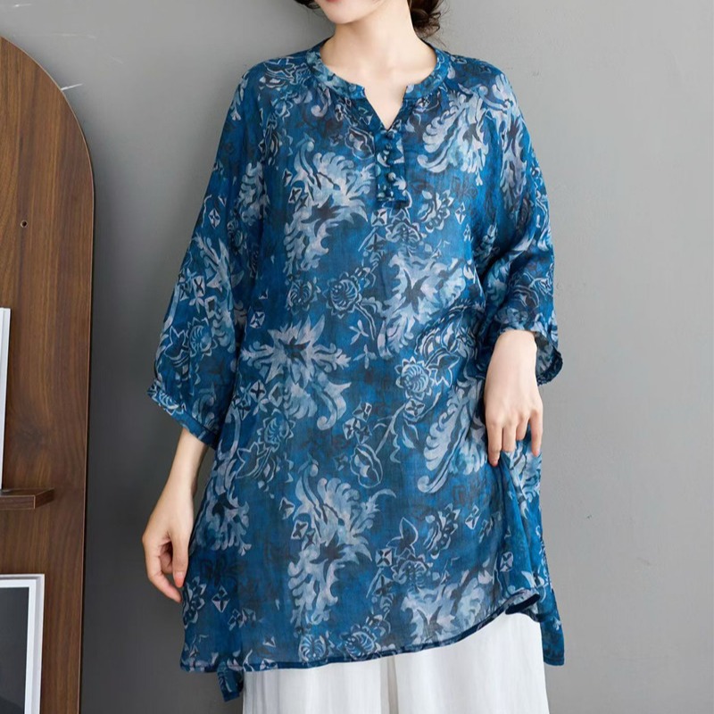봄 여름 통기성 슬림해 보이는 중간 길이 드레스 프린트 루즈핏 레트로 7부 소매 풀오버 빅 사이즈 여성 의류