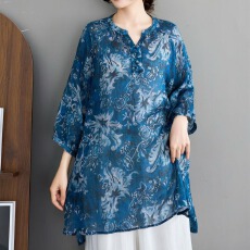 批发春夏透气显瘦中长款<b class='q'>连衣裙</b>印花宽松复古七分袖套头大码女装