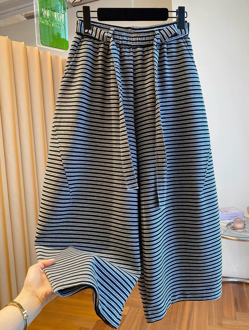 고급 센스 스트라이프 8 점 와이드 레깅스 바지 새로운 봄 여름 루즈핏 슬림해 보이는 캐주얼 다용도 스트레이트 웨이 바지