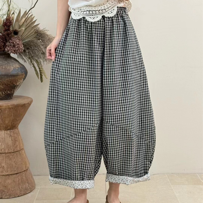 봄 여름 새로운 문예 다용도 루즈핏 넓은 다리 캐주얼 체크무늬 바지 대 에디션 모통이 칼 풍선 바지