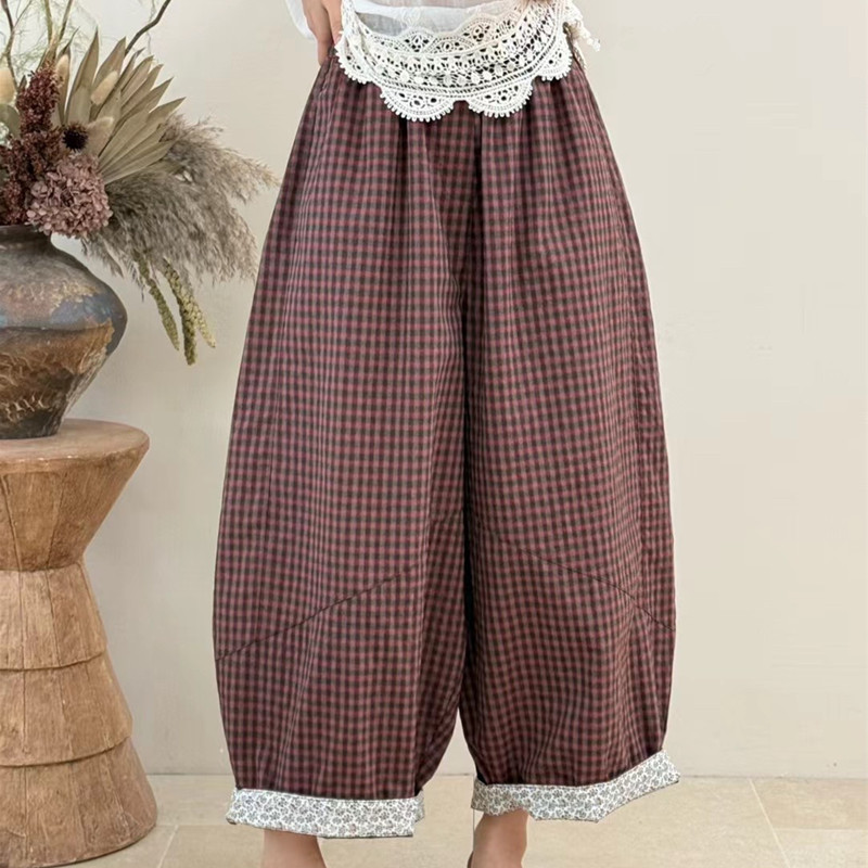 봄 여름 새로운 문예 다용도 루즈핏 넓은 다리 캐주얼 체크무늬 바지 대 에디션 모통이 칼 풍선 바지