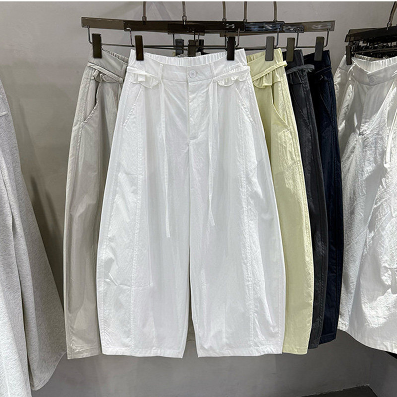 여름 새로운 한국 스타일 프릴 루즈핏 넓은 다리 캐주얼 바지 여성 얇은 스타일 슬림해 보이는 마이크로 모통이 칼 바지 롱 바지